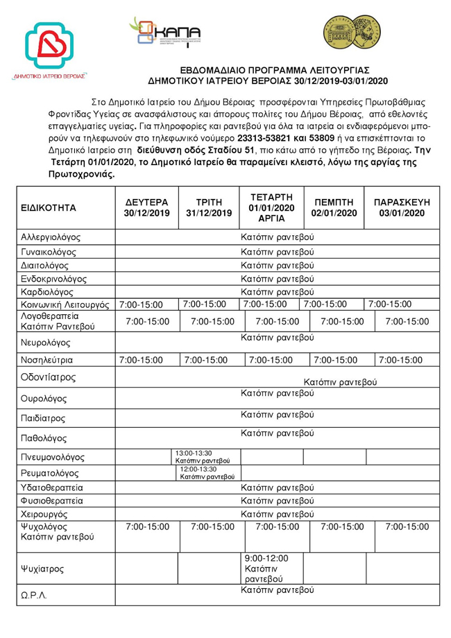 Το πρόγραμμα του Δημοτικού Ιατρείου Βέροιας