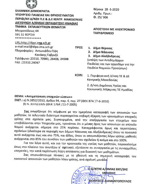 Επιστολή της Α/Θμιας στους δήμους της Ημαθίας σχετικά με τις απουσίες λόγω ιώσεων στα σχολεία