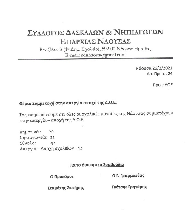 Ομόφωνο ΟΧΙ των εκπαιδευτικών Α/Θμιας Εκπαίδευσης Νάουσας