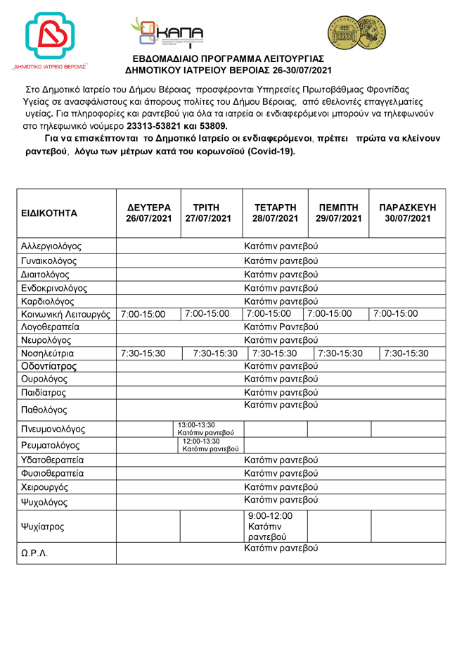 Εβδομαδιαίο πρόγραμμα λειτουργίας Δημοτικού Ιατρείου Βέροιας