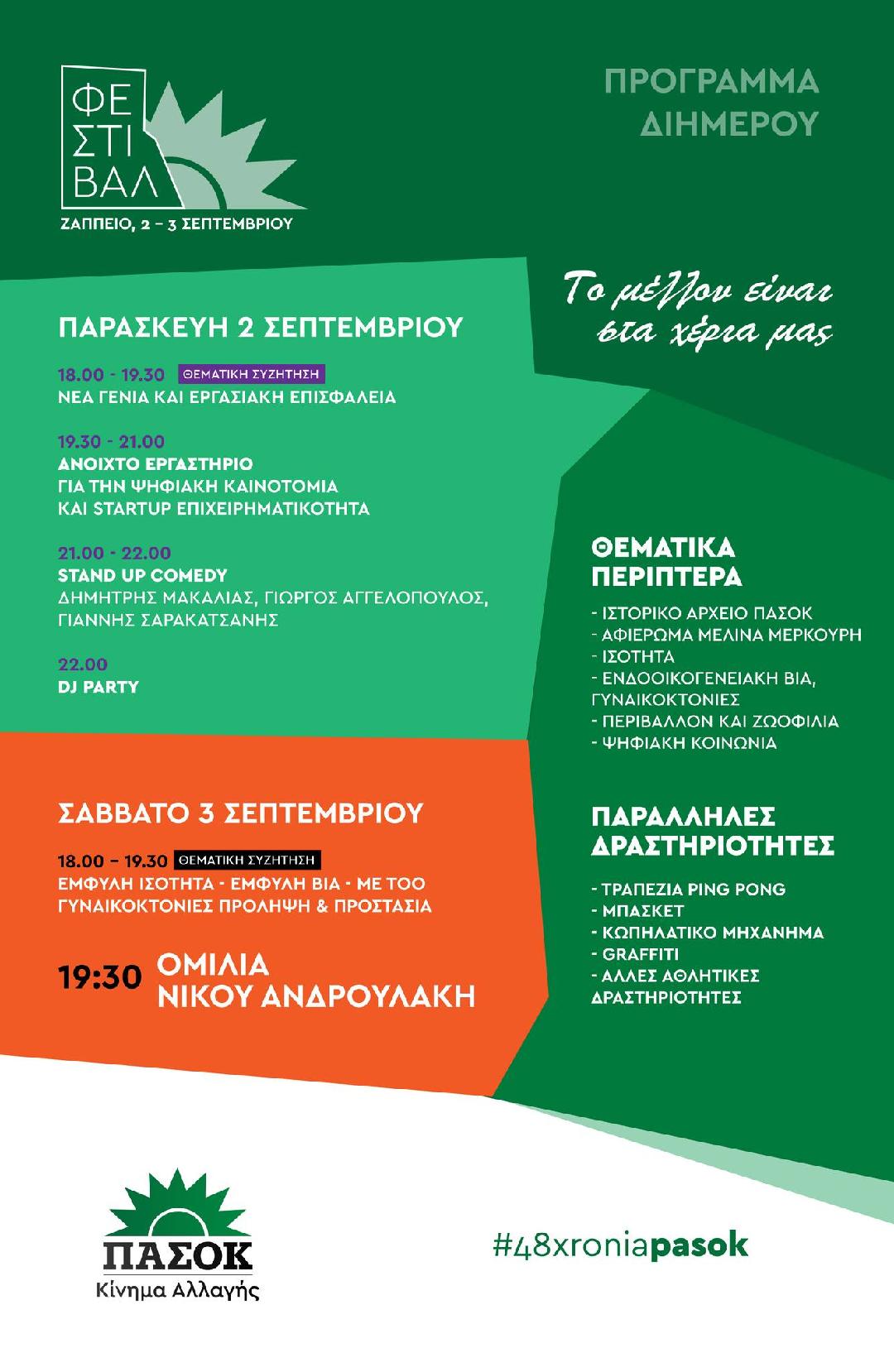 ΜΕ ΔΙΗΜΕΡΟ ΦΕΣΤΙΒΑΛ ΓΙΟΡΤΑΖΕΙ ΦΕΤΟΣ ΤΟ ΠΑΣΟΚ  ΚΙΝΗΜΑ ΑΛΛΑΓΗΣ ΤΗΝ 3η ΣΕΠΤΕΜΒΡΗ