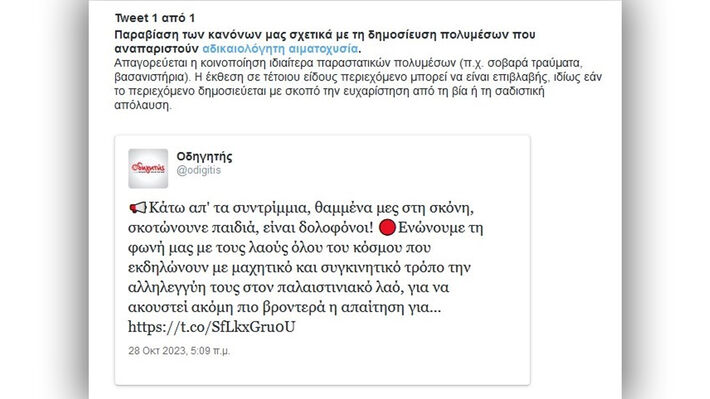 Το twitter «κλείδωσε» τον λογαριασμό του “Οδηγητή” λόγω ανάρτησης για την Παλαιστίνη!