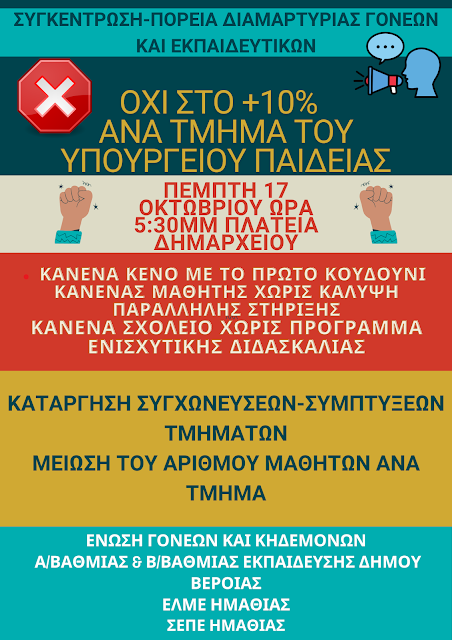 Συγκέντρωση και πορεία διαμαρτυρίας Γονέων και Εκπαιδευτικών την Πέμπτη 17 Οκτωβρίου στις 5:30 μ.μ. στην Πλατεία Δημαρχείου Βέροιας