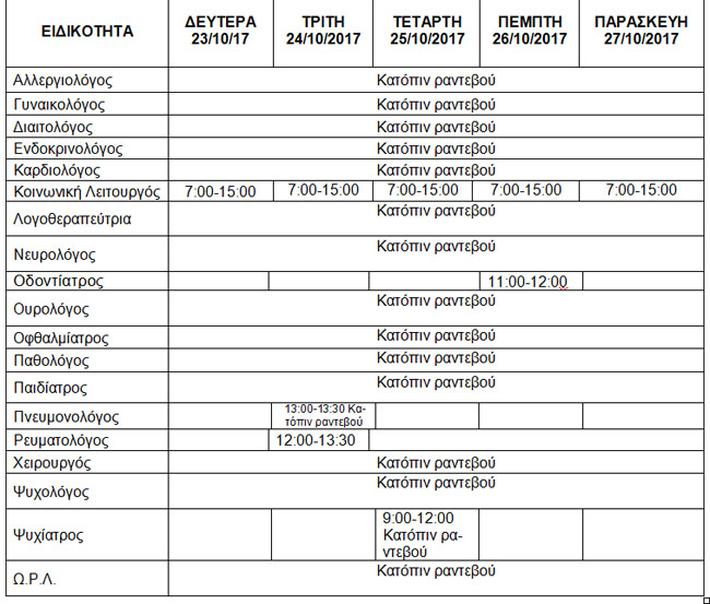   ΕΒΔΟΜΑΔΙΑΙΟ ΠΡΟΓΡΑΜΜΑ ΛΕΙΤΟΥΡΓΙΑΣ ΔΗΜΟΤΙΚΟΥ ΙΑΤΡΕΙΟΥ ΒΕΡΟΙΑΣ 23-27/10/2017