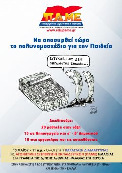 ΑΣΕ:Κάλεσμα σε γονείς και εκπαιδευτικούς για συμμετοχή στην παράσταση διαμαρτυρίας την Τετάρτη 13 Μάη, 11 π.μ., στην Α/θμια Εκπ/ση Ημαθίας